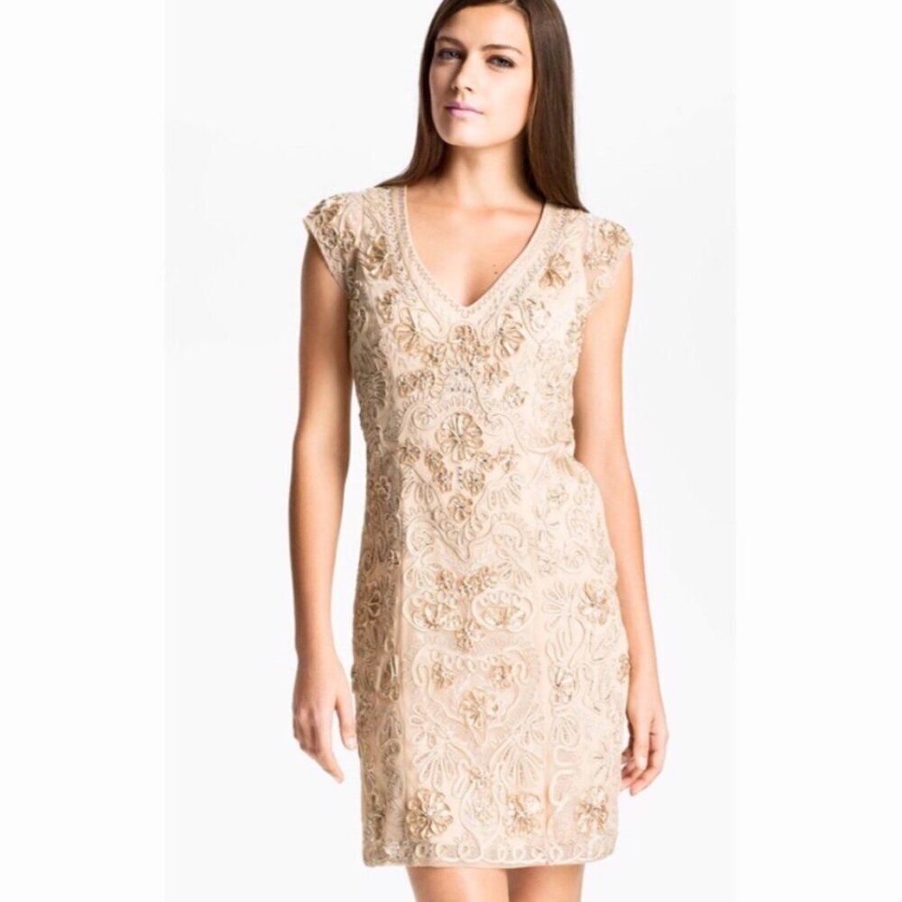 Sue Wong Nocturne Cream Beaded Soutache illusion Cocktail Dress, Size 8